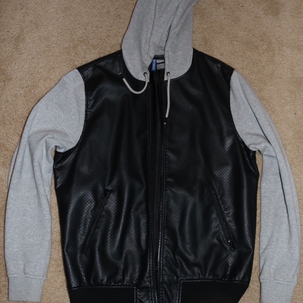 Faux leather jacket with sweatshirt sleeves & hood